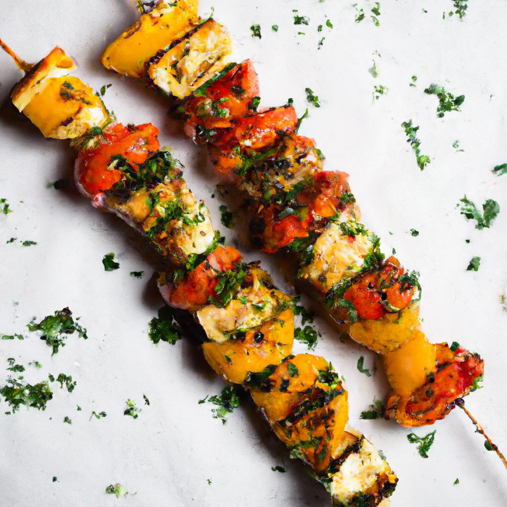 Close-up of a charred vegetable skewer with glaze